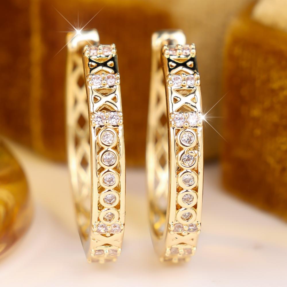 Luxury Gold Color Hollow Geometric Paved Zircon Hoop Earrings for Women Daily Wear and Party
