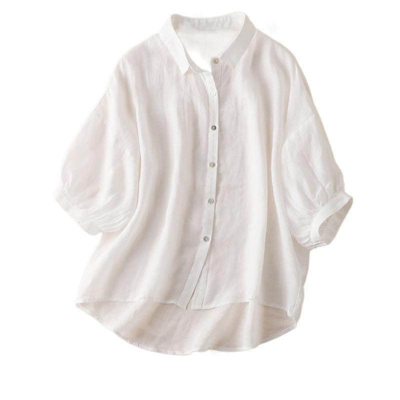 Dámský letní volný top z bavlny a lnu s lucernovými rukávy - Móda v západním stylu