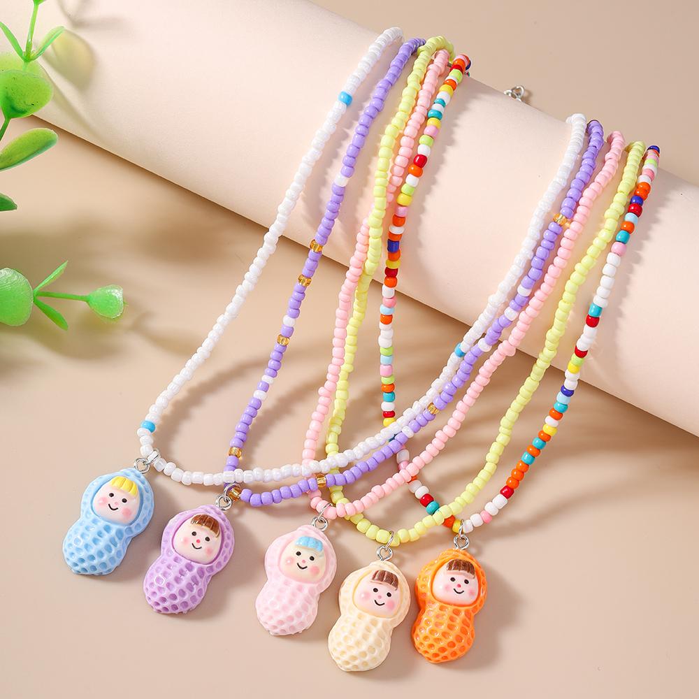 Fashion Candy Color Cartoon Peanut Pendant Necklaces for Women Girls Beads Necklace Party Jewelry Gift