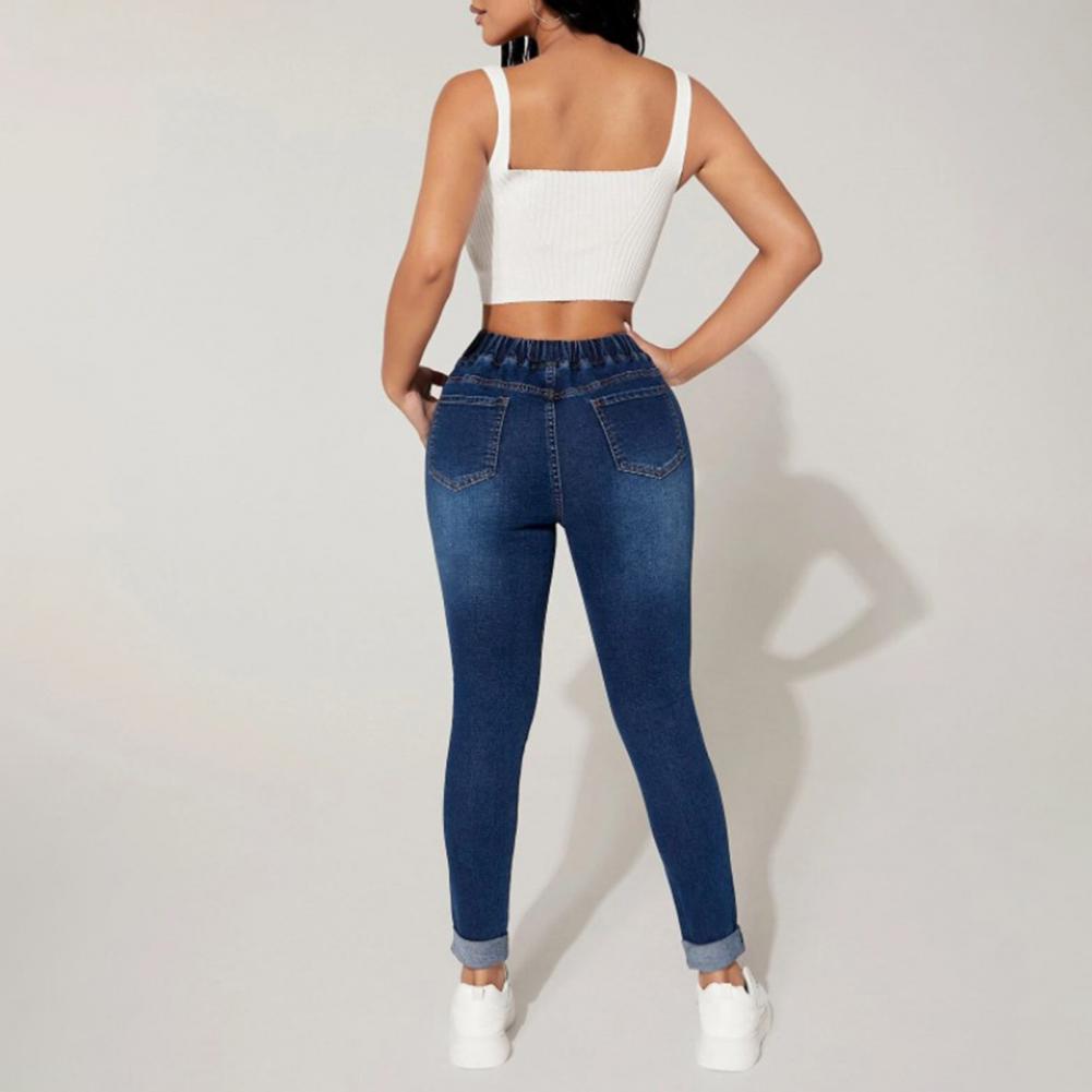 Damen Jeans mit hoher Taille und Kordelzug, Jeans für Damen, Herbstjeans, elastische Taille, Slim Fit, Stoff, stilvolle Damenhose