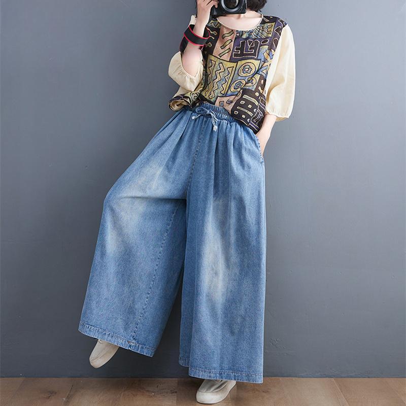 Summer Jeans Long Pants Plus Size Women Elastic Waist Pants Wide Leg Pants Loose Casual Denim Female Casual Trousers Pants Oversize