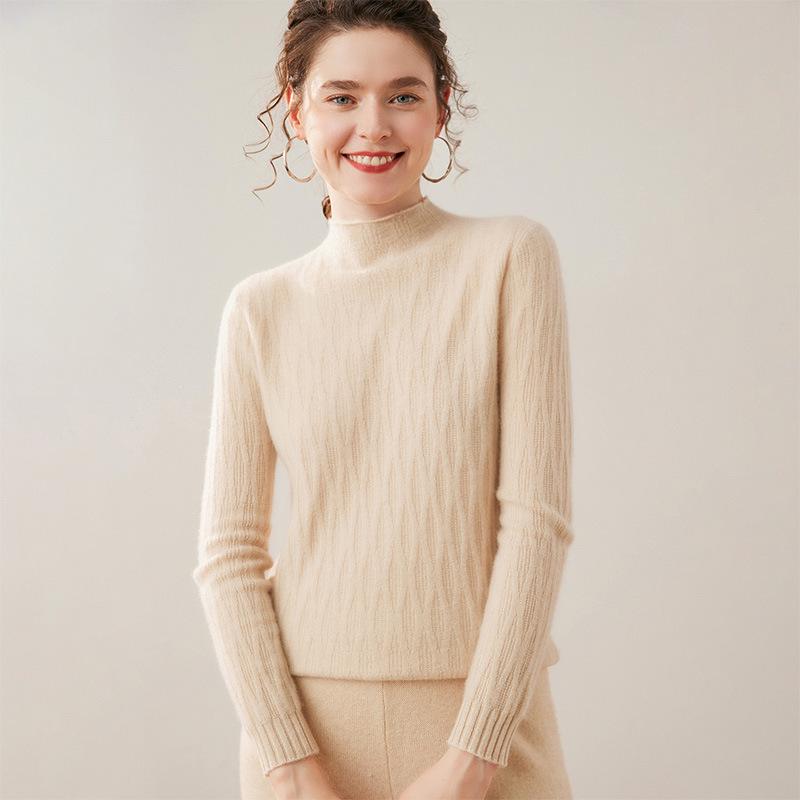 Women's Cable Knit Cashmere Sweater - 12-Gauge, Lychee Pattern, Half-High Neck, Fleece Lining, Twist Design, Wool Base Layer