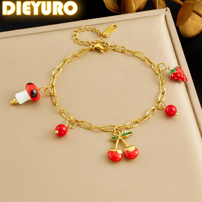 DIEYURO 316L Stainless Steel Cute Red Cherry Strawberry Plant Pendant Bracelet Lady New Fashion Classic Wrist Chain Jewelry Gift