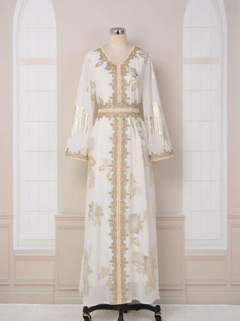 Women's Dubai Evening Long Dress with Hot Stamping - European & American Fashion Muslim Travel Wear