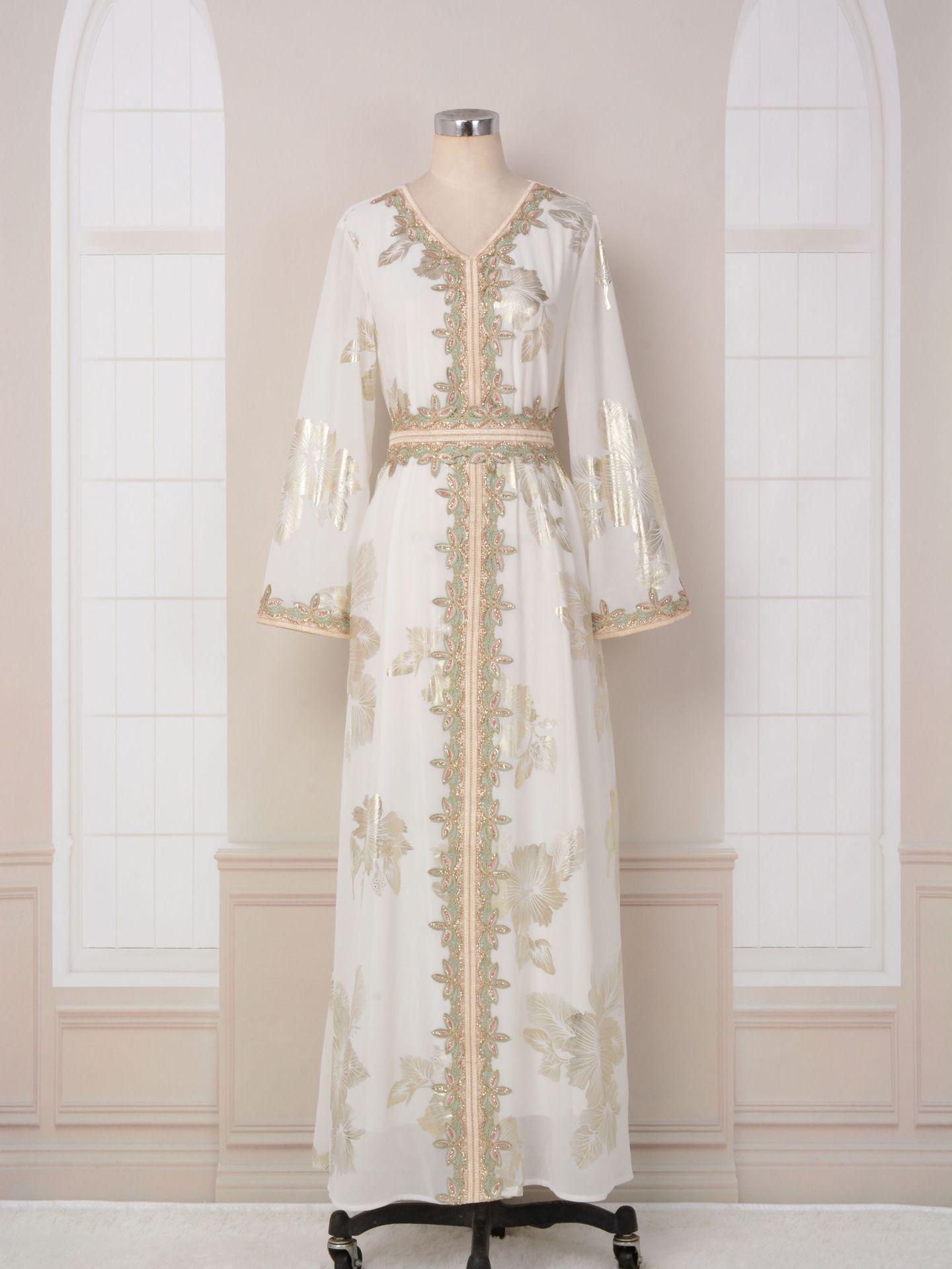 

Женское Дубайское Вечернее Длинное Платье с Горячим Тиснением - Европейская и Американская Мода Мусульманская Дорожная Одежда Small белый