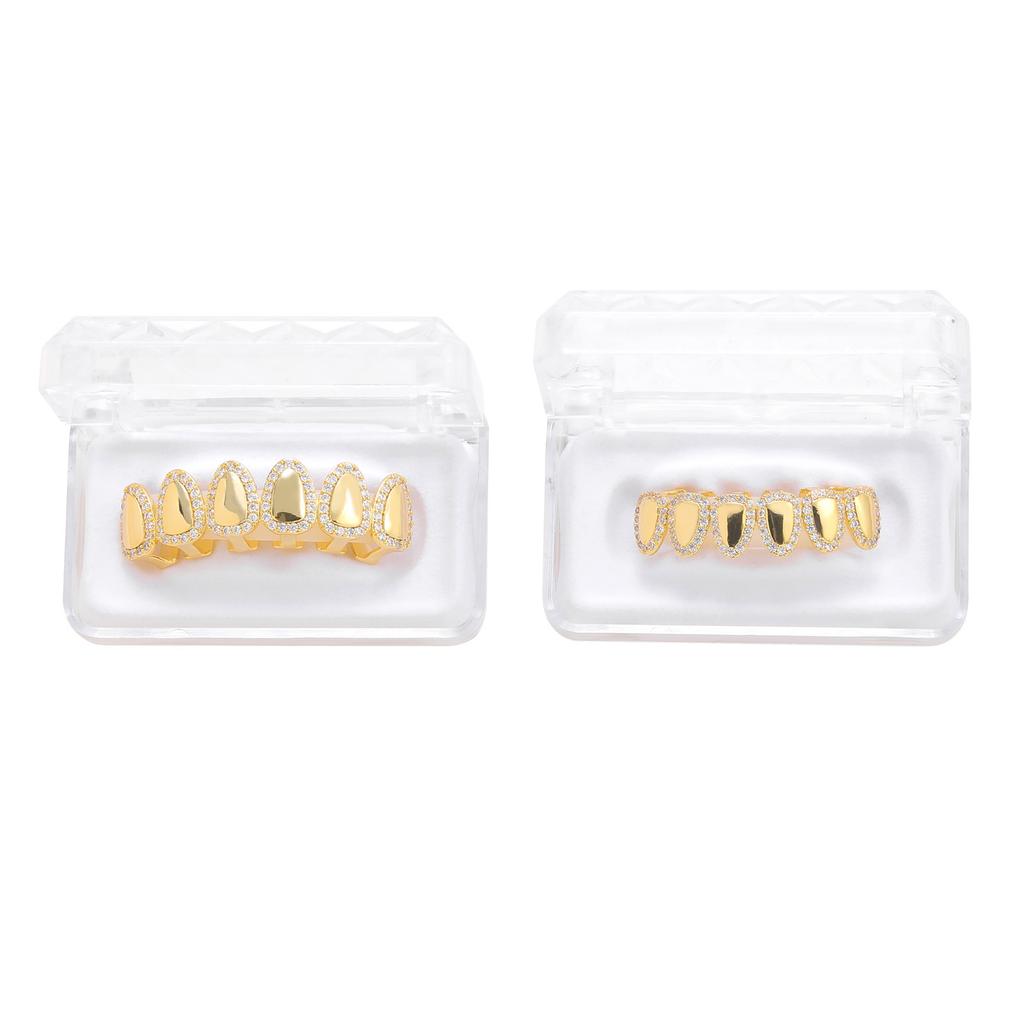 Hip Hop Braces Mirror Grillz Inlaid with Zircon Six Teeth Gold Plated Teeth Braces Halloween Trendy Men's Personality Jewelry