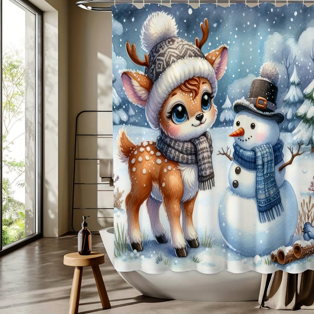 Winter Forest Deer & Snowman Digital Print Shower Curtain - Cartoon Pattern, Machine Washable, All-Season Knit Weave, Deer Theme