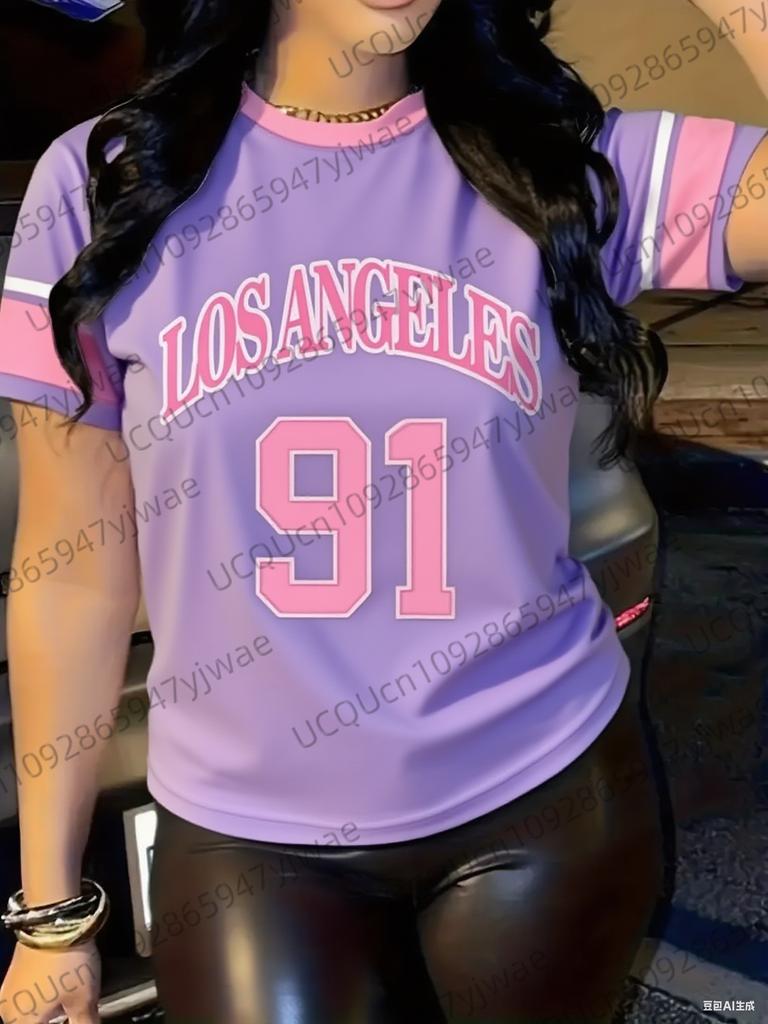 Mode Lässig Damen Sporttrikot Los Angeles Nr. 91 Aufdruck Kurzarm T-Shirt Sommer Grafik-T-Shirt Große Größen Sport-T-Shirt
