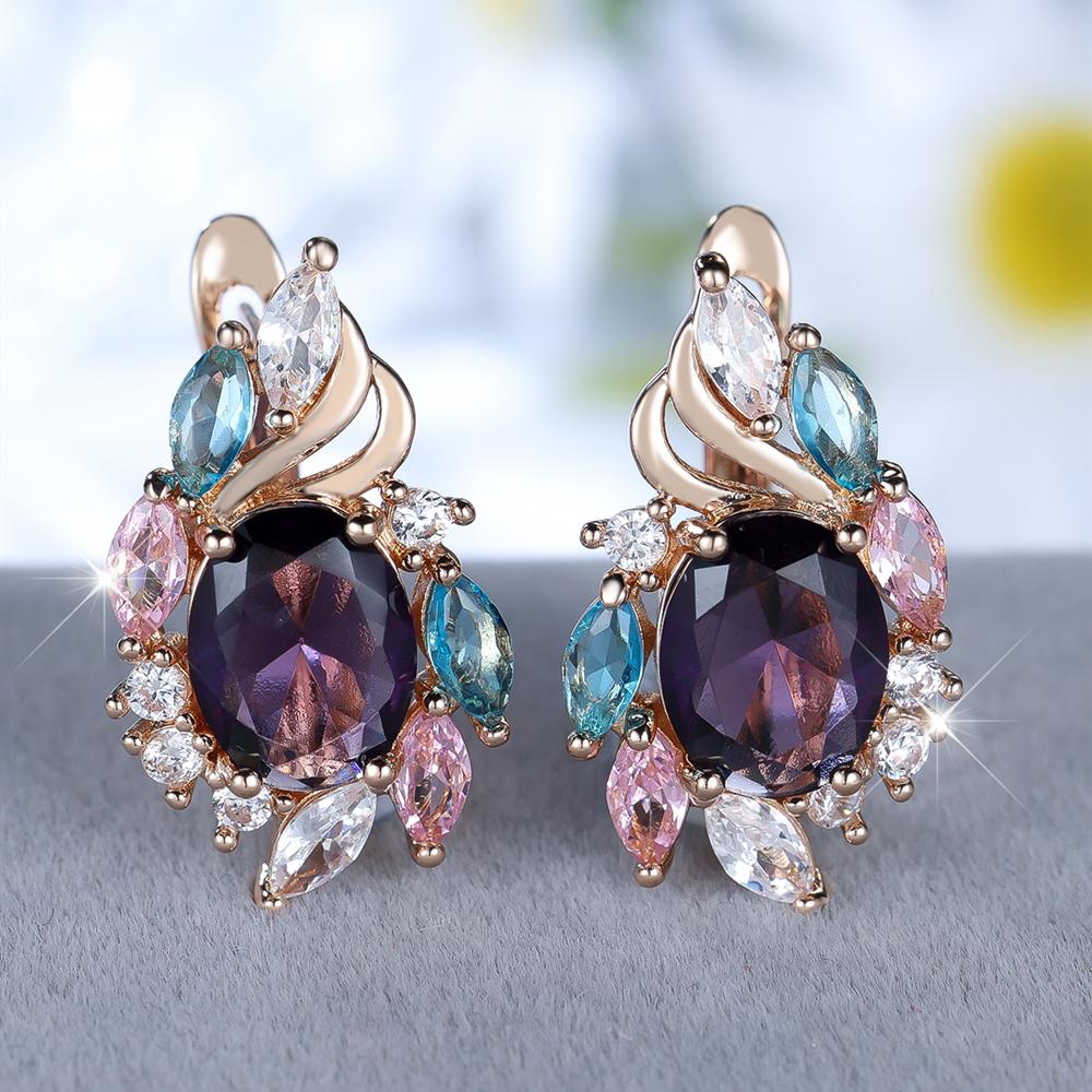 Elegant Purple Zirconia Oval Drop Earrings for Women, Luxury Gold Wedding Earrings… More