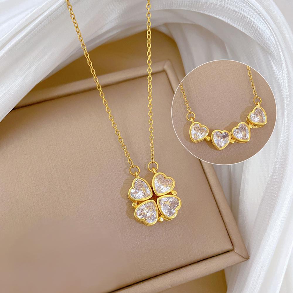Heart-Shaped Necklace for Women, Zircon, Four-Leaf Flower Pendant, Versatile Stainless Steel, Collarbone Jewelry, High-End