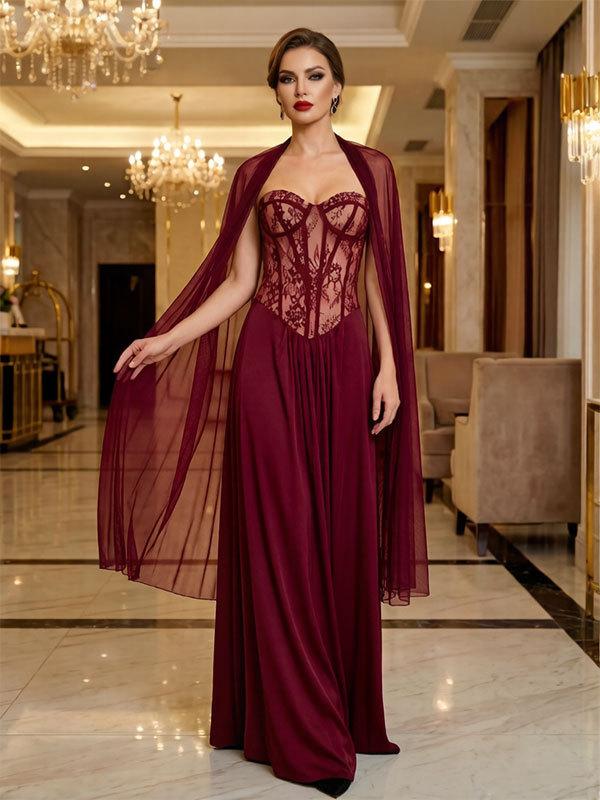 Temperament elegant high-end lace corset fit waist design lace chiffon splicing dress S