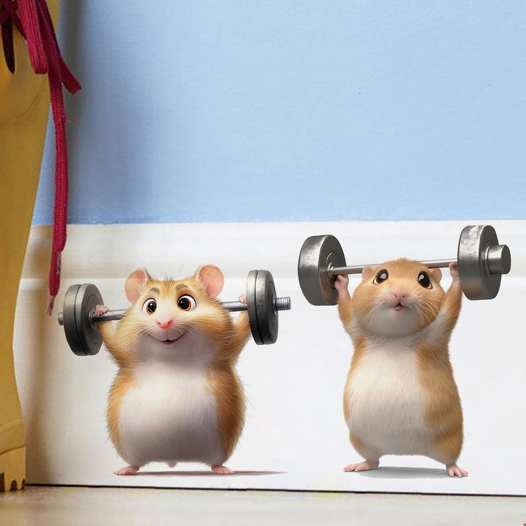 Cartoon Hamster with Dumbbell Wall Stickers, Workout Theme Removable Self-Adhesive for Kids Room & Living Room Decor