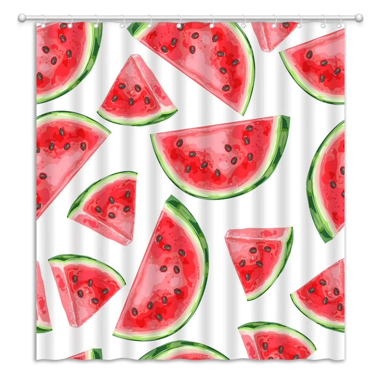 

Watermelons Shower Curtains Summer Fruit Slice Black Seeds Red Green Stripes Bathroom Curtain Waterproof Polyester with Hooks W90xH180cm