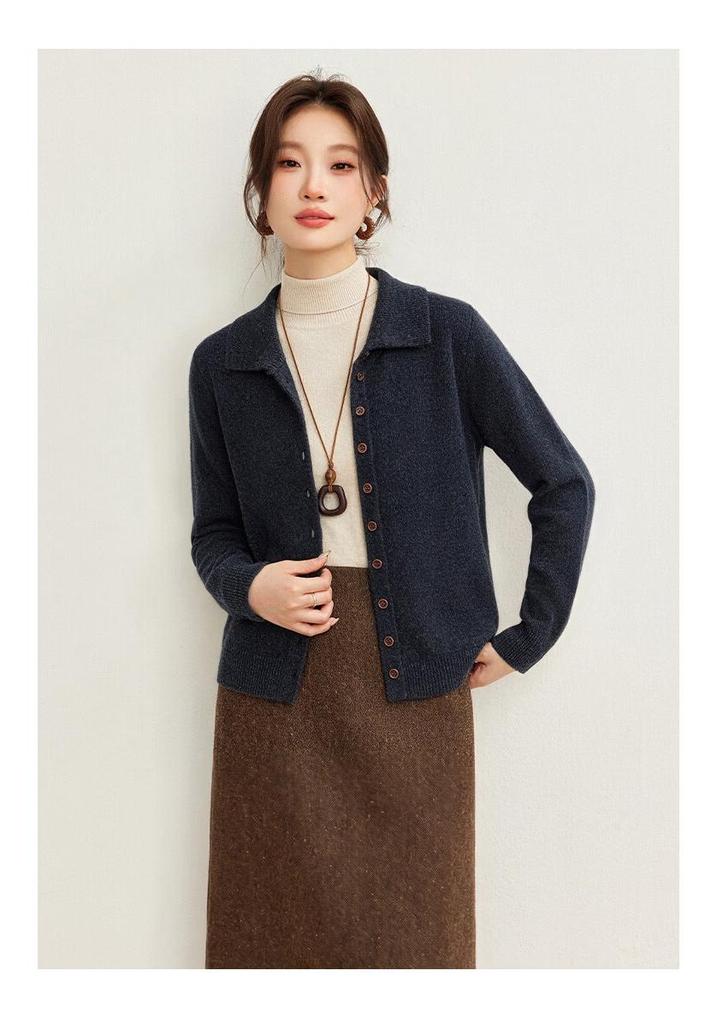 Women's 100% Wool Knit Cardigan with Lapel Collar