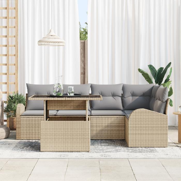 Ensemble de Canapés de Jardin 6 Pièces avec Coussins Beige Rattan Poly, Canapé de Jardin 2 Places avec Rangement &amp; Coussins 3357383