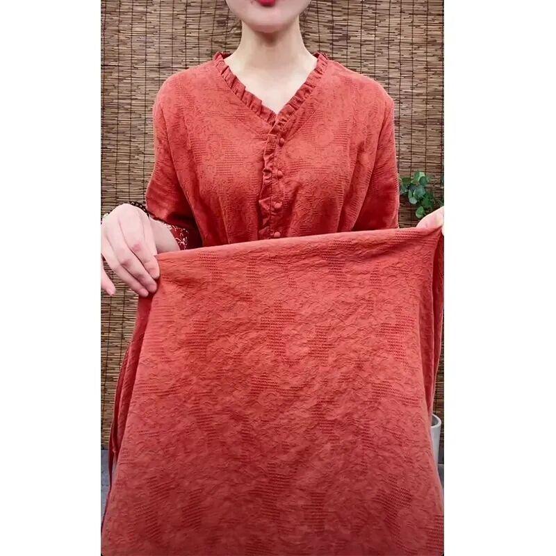 Retro Ethnic Embroidered Cotton Jacquard Midi Dress - Slim Fit, Cinched Waist, Trendy Summer Style