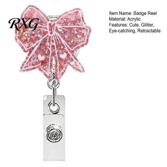 Cute Badge Reel Nurse Reel, Funny Retractable Glitter Acrylic Name Tag Holder with Bow Clip, Sparkly ID Card for Teachers Student Staffs