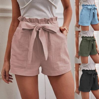 Sommer Damen Lose Leinen Casual Shorts Taschen Volltonfarbe Große Größe Hohe Taille Weite Beinhose
