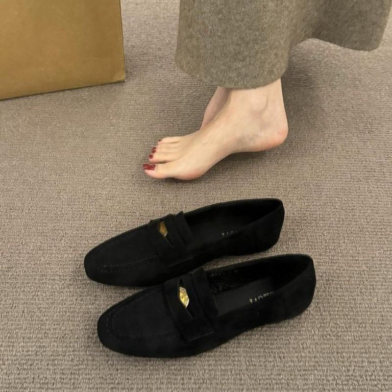 Round Head Lazy Low Thick Sole Deep Mouth Suede Heel Small Leather Shoes One Foot Flat Bottom Female Autumn and Winter Female