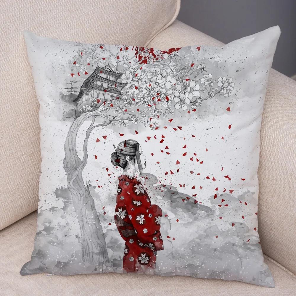 Japan Style Ink Warrior Cushion Cover for Sofa Home Double Print Decor Beautiful Scenery Girl Pillowcase Soft Plush Pillow Case