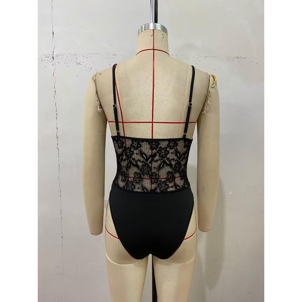 Summer Hot Selling European American Style Sexy Lace Deep V-neck Spaghetti Strap Y2K Babe One-piece Bodysuit