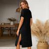 Women’s Short Sleeve V Neck Casual Maxi Dress with Side Slit Loose Fit Lightweight Knit Fabric