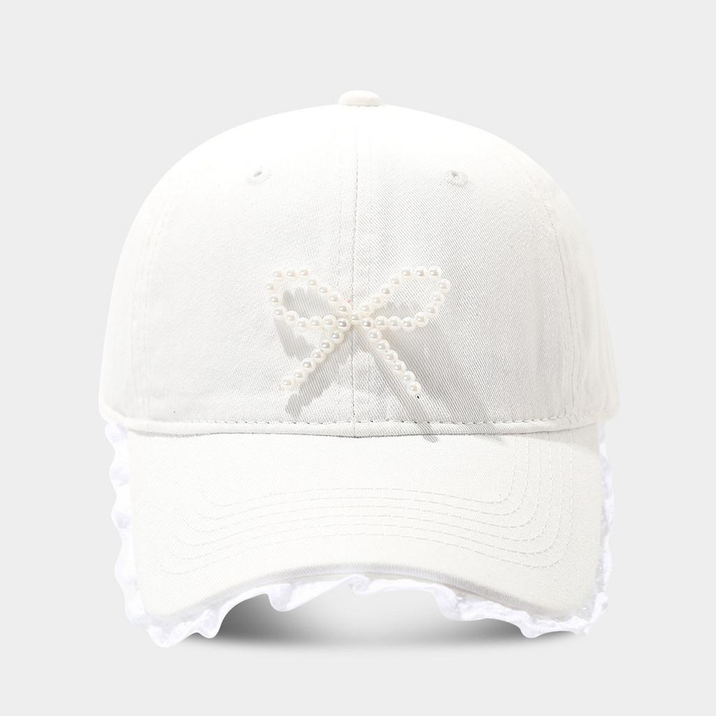Street Style Baseball Cap With Lace Edge And Pearl Bow For Summer Sun Protection