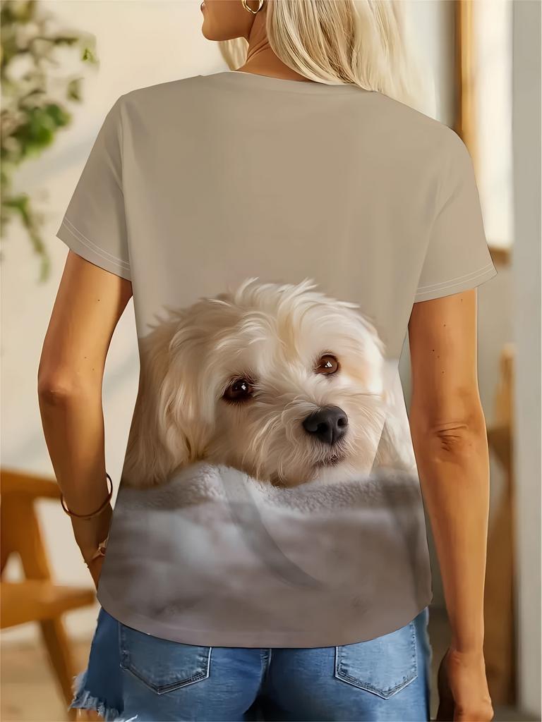 Digital Print - No Texture. Soft Cute Puppy Pattern T-Shirt Women'S Beige Loose Short Sleeve. Lightweight Breathable Zero Burden. Aesthetic Summer Ess