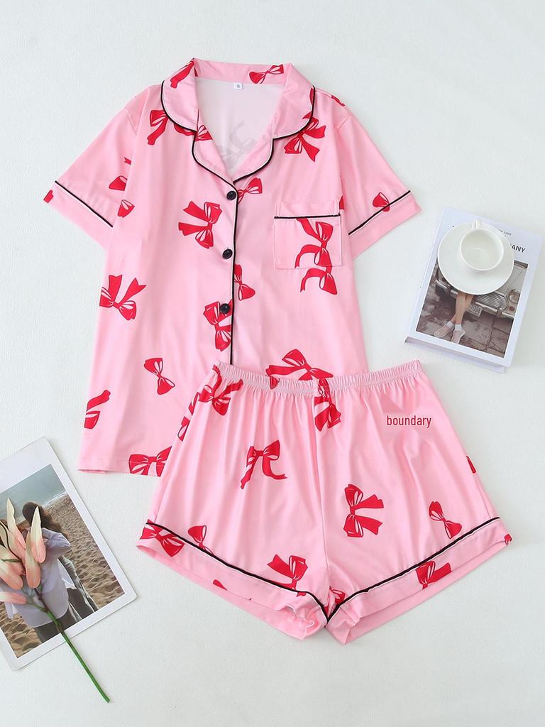 Bow Short-Sleeve Pajama Shorts Set – Stylish Indoor/Outdoor Wear