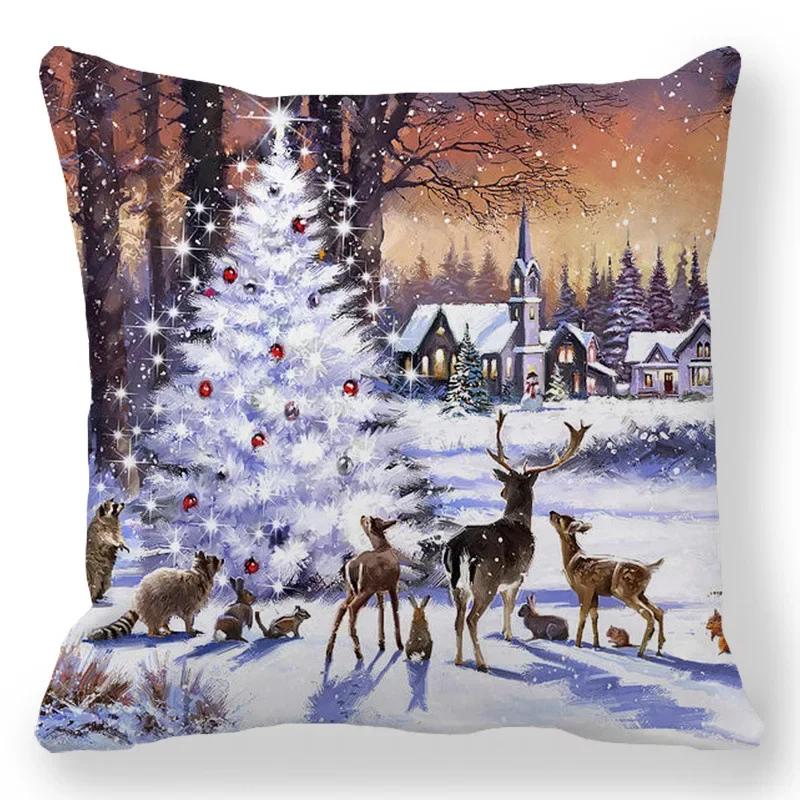 Christmas Decor Cushion Cover Christmas Gifts Home Party Decorative Pillow Cover Winter Snow Scene Animal Angel Print Pillowcase