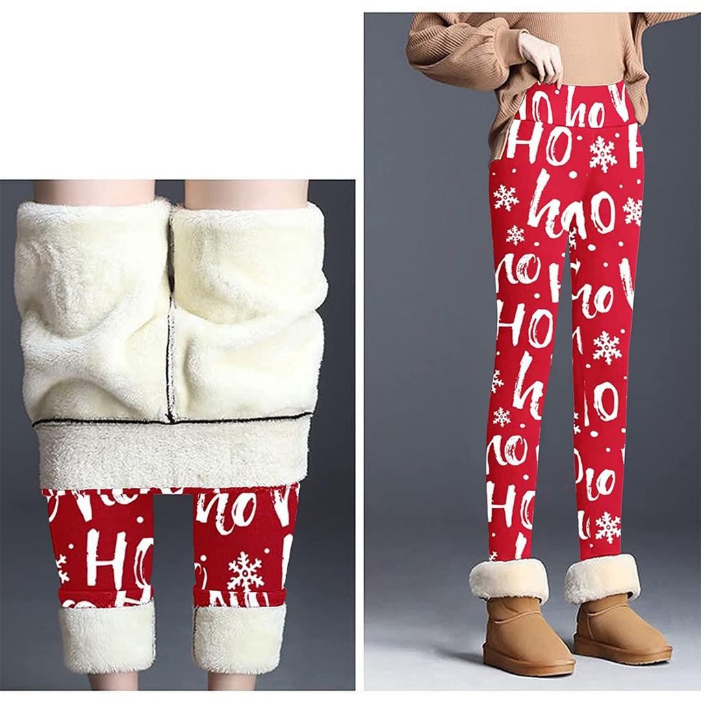 Womens Christmas Print Thickened Lambswool High Waist Stretch Thickened Cashmere Warm Pants