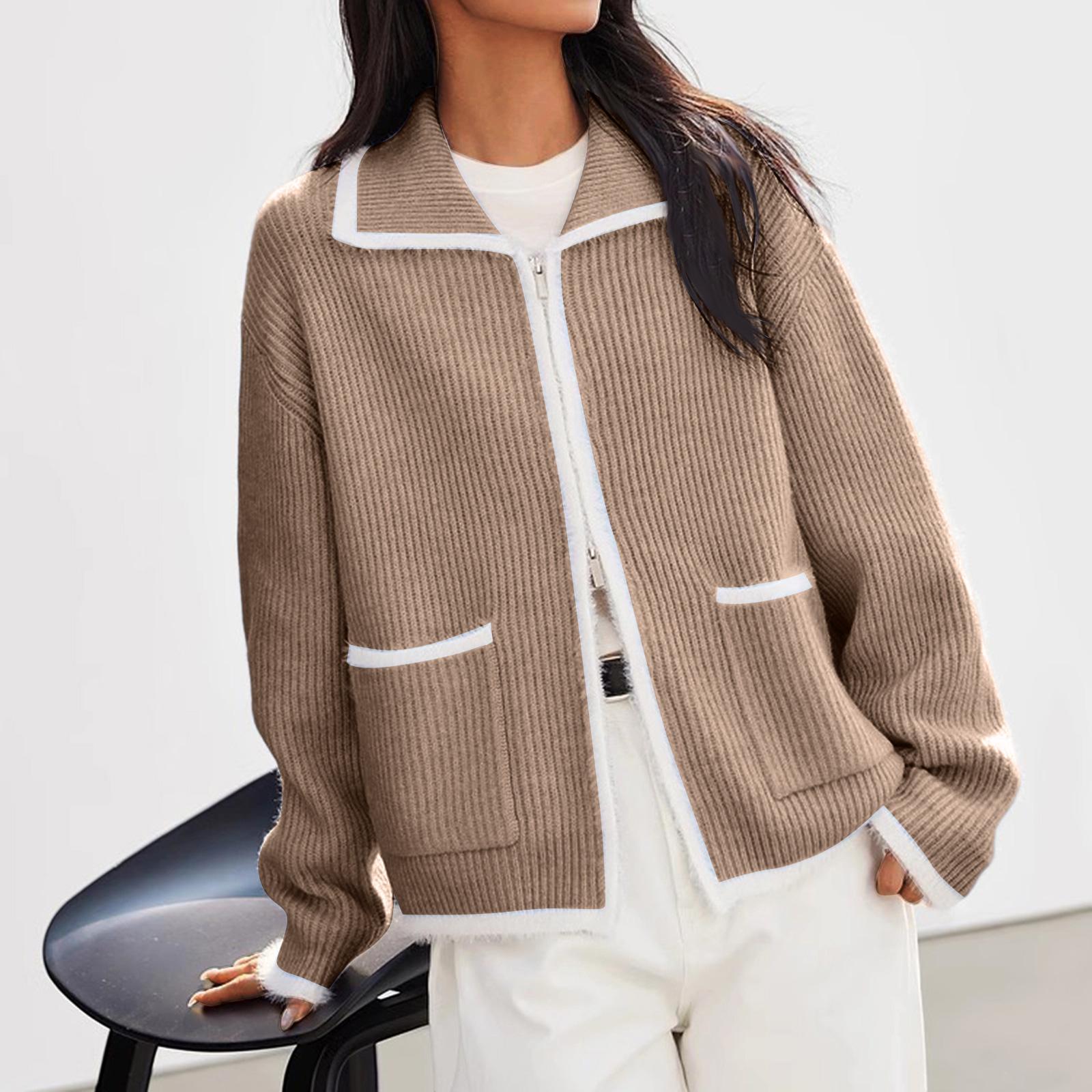 

Женский модный повседневный кардиган с длинным рукавом, контрастной расцветки, с карманами, на молнии, вязаный свитер-куртка из искусственной норки One Size