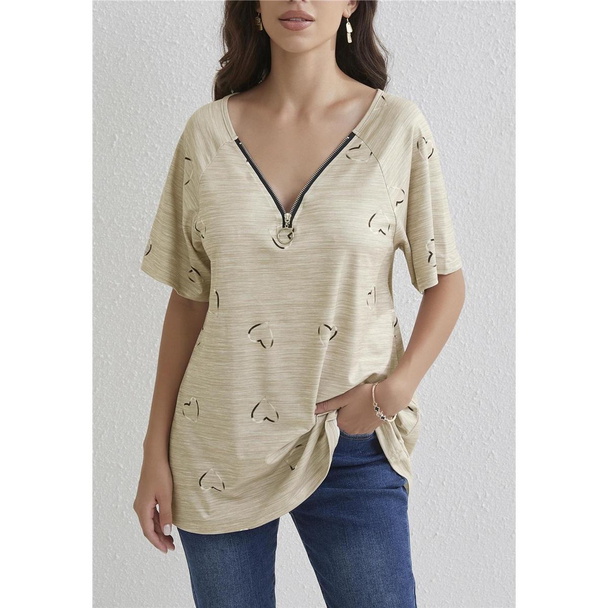 Women s Short-sleeved Zipper V-neck Love Printed T-shirt S хаки