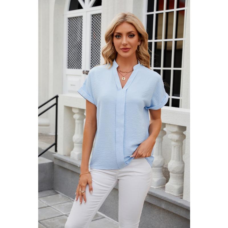 Summer Women's Shirt Solid Color V-neck Short-sleeved Shirt Loose Casual Chiffon Shirt