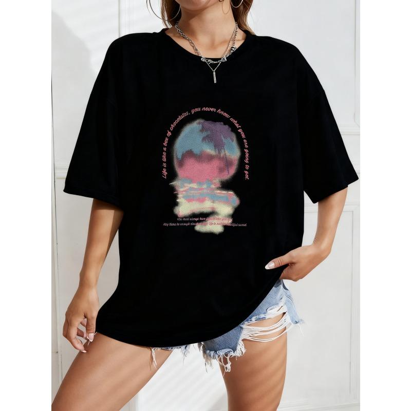 

White Oversized T Shirt With Skull And Tropical Scene Print For Casual Wear XXXXL чорний