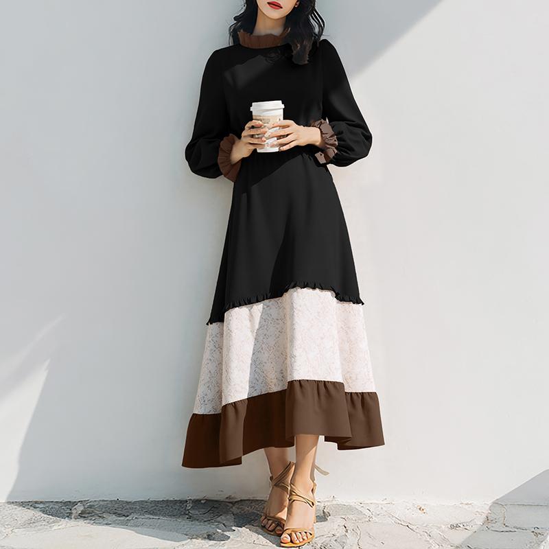 ZANZEA Women Casual Round Neck Loose Long Sleeve Splice Dress