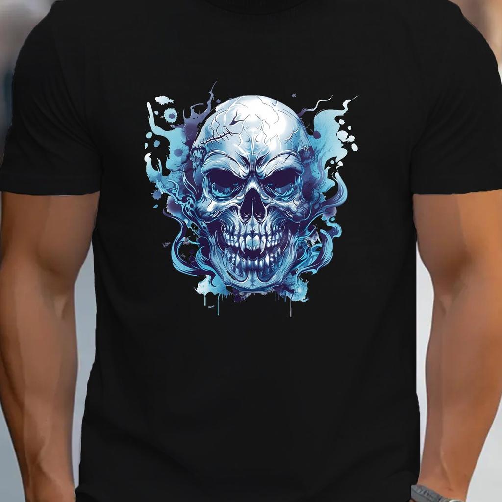Icy Blue Skull Graphic Print Mens Cotton TShirt Round Neck Casual Short Sleeve Tee
