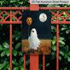 2D Flat Cute Ghost Holding Pumpkin Balloon Full Moon Vintage Metal Sign‑8.0x12.0inch Aluminum Wall Art, Farmhouse Halloween Porch Decor, Pre‑Drilled