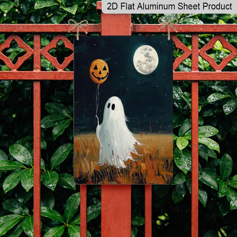 2D Flat Cute Ghost Holding Pumpkin Balloon Full Moon Vintage Metal Sign‑8.0x12.0inch Aluminum Wall Art, Farmhouse Halloween Porch Decor, Pre‑Drilled