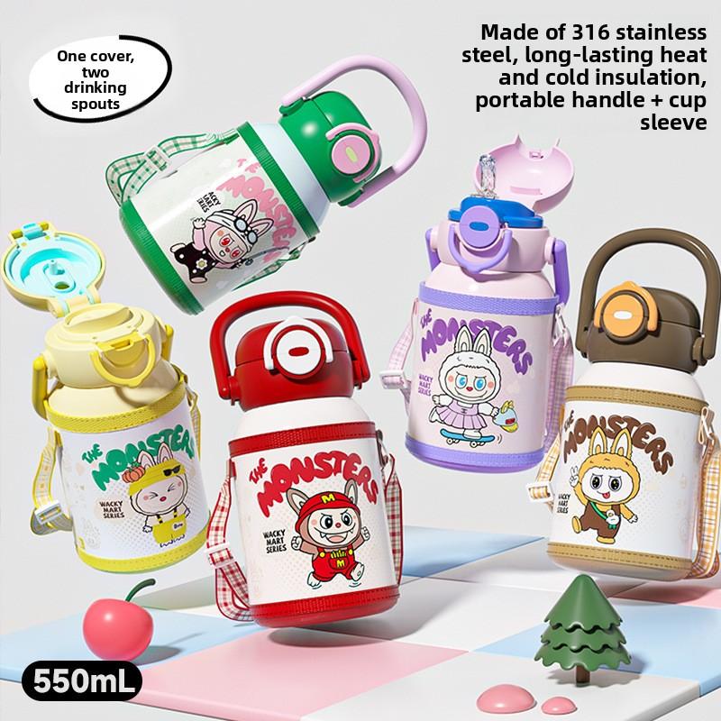 Söt tecknad barntermoskopp Stor kapacitet Högt värde Dubbel drickspipkopp Utomhus bärbar vattenkopp för pojkar och flickor