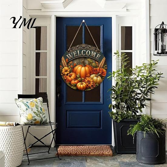 Autumn Harvest Welcome Sign Festival for Front Door, Rustic Wooden Hanging Weather Resistant Entryway with Hemp Rope, Pumpkin Plaque Fall Porch