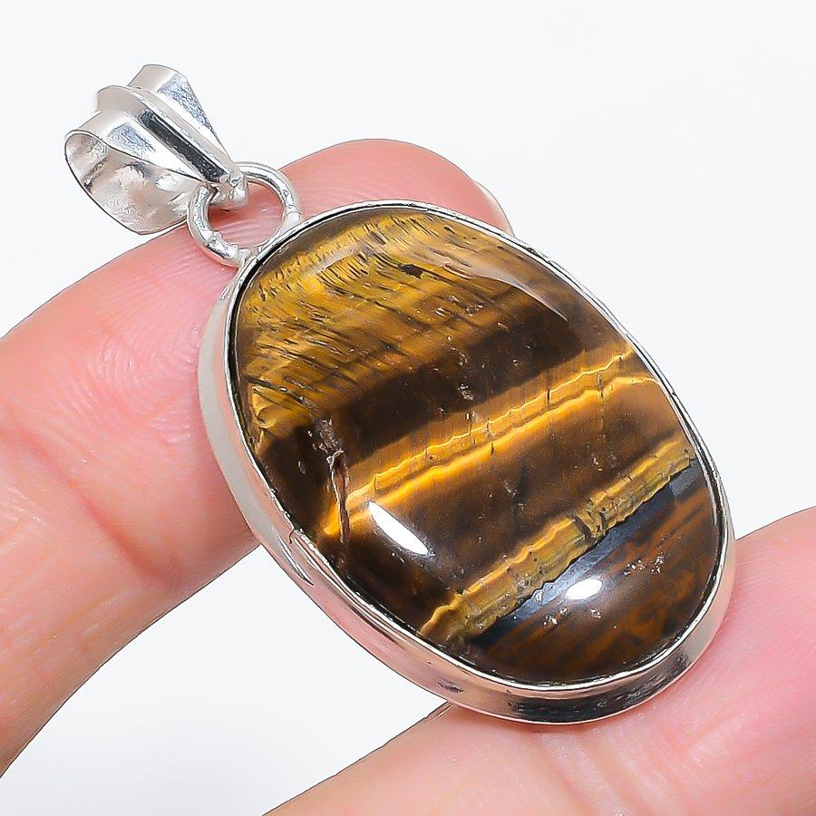Natural Tiger Eye Gemstone 925 Sterling Silver Jewelry Pendant 1.85" G5O51