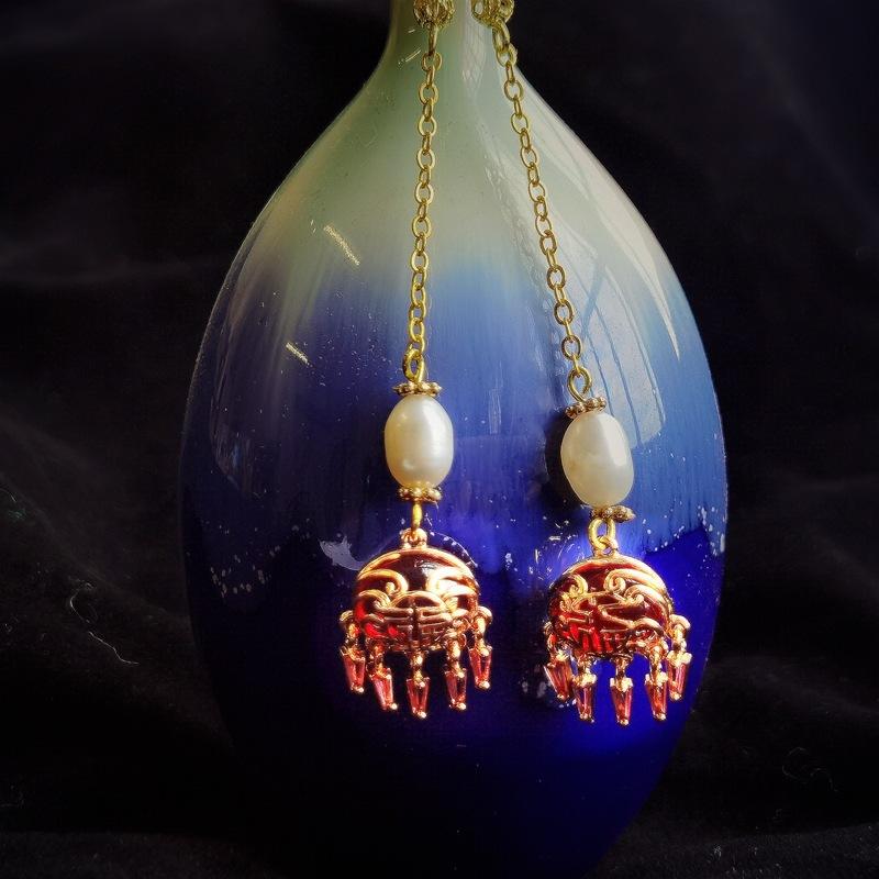 Retro Long Antique Fringed Cheongsam Earrings Temperament Pearl Flower Earrings Hanfu Accessories Earrings National Style Earclips