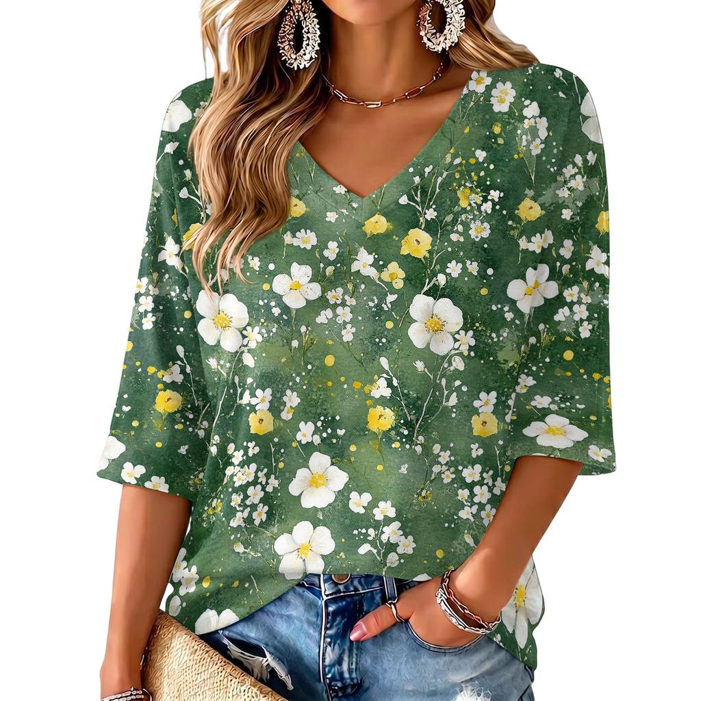 Women's Floral Print V-Neck Blouse Lightweight for Spring and Summer