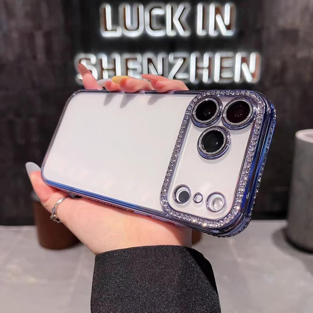 Electroplated Rhinestone Phone Case for iPhone 18 Pro Max with Apple 16 Lens Film, Transparent, Anti-drop, Soft Protective Cover.