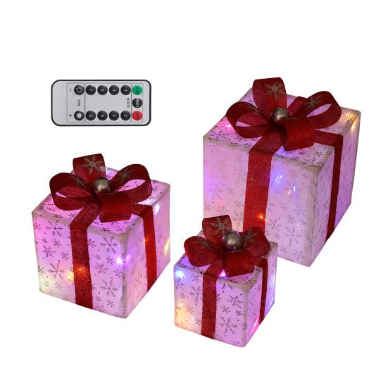 3 Stück Weihnachtsgeschenkboxen mit Beleuchtung und Schleife LED Leuchtende Geschenkboxen für Innen- und Außenbereich Zuhause Veranda Weihnachtsbaum Partydeko