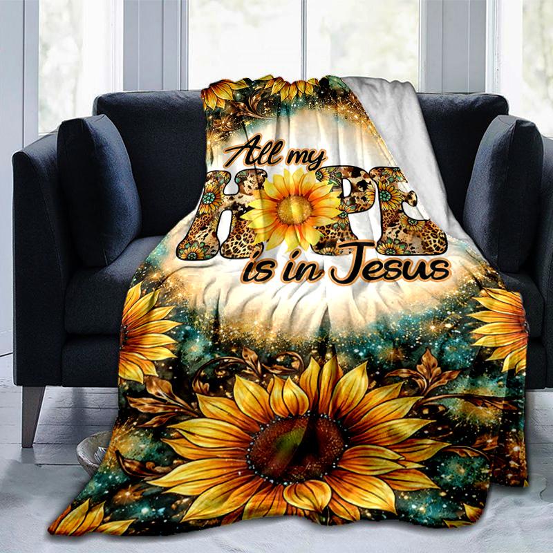 1pc Hope Jesus Floral Flannel Blanket Soft Warm Throw Blanket for Bedroom Living Room Bed Travel Camping Picnic Gift. M072201188