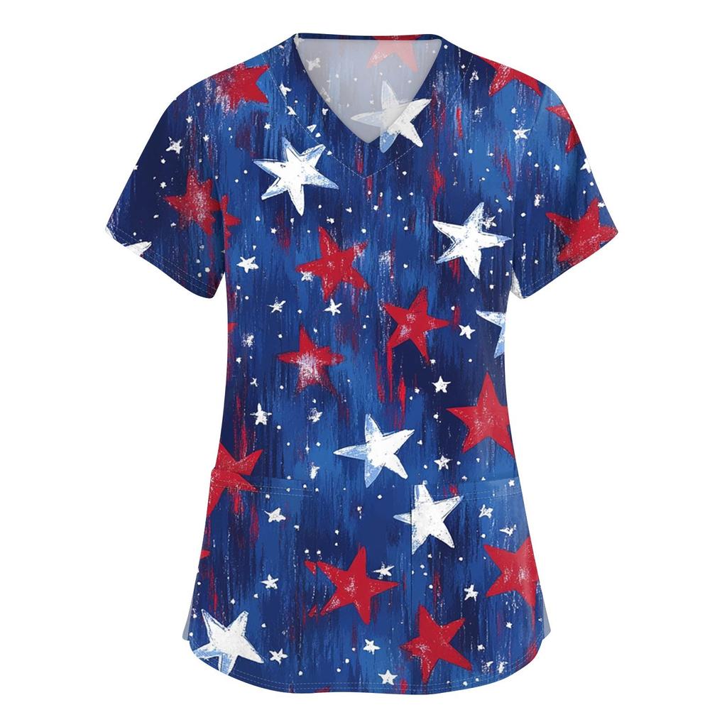 Women's Short Sleeve Independence Day Printed V-Neck Pocket Workwear Top