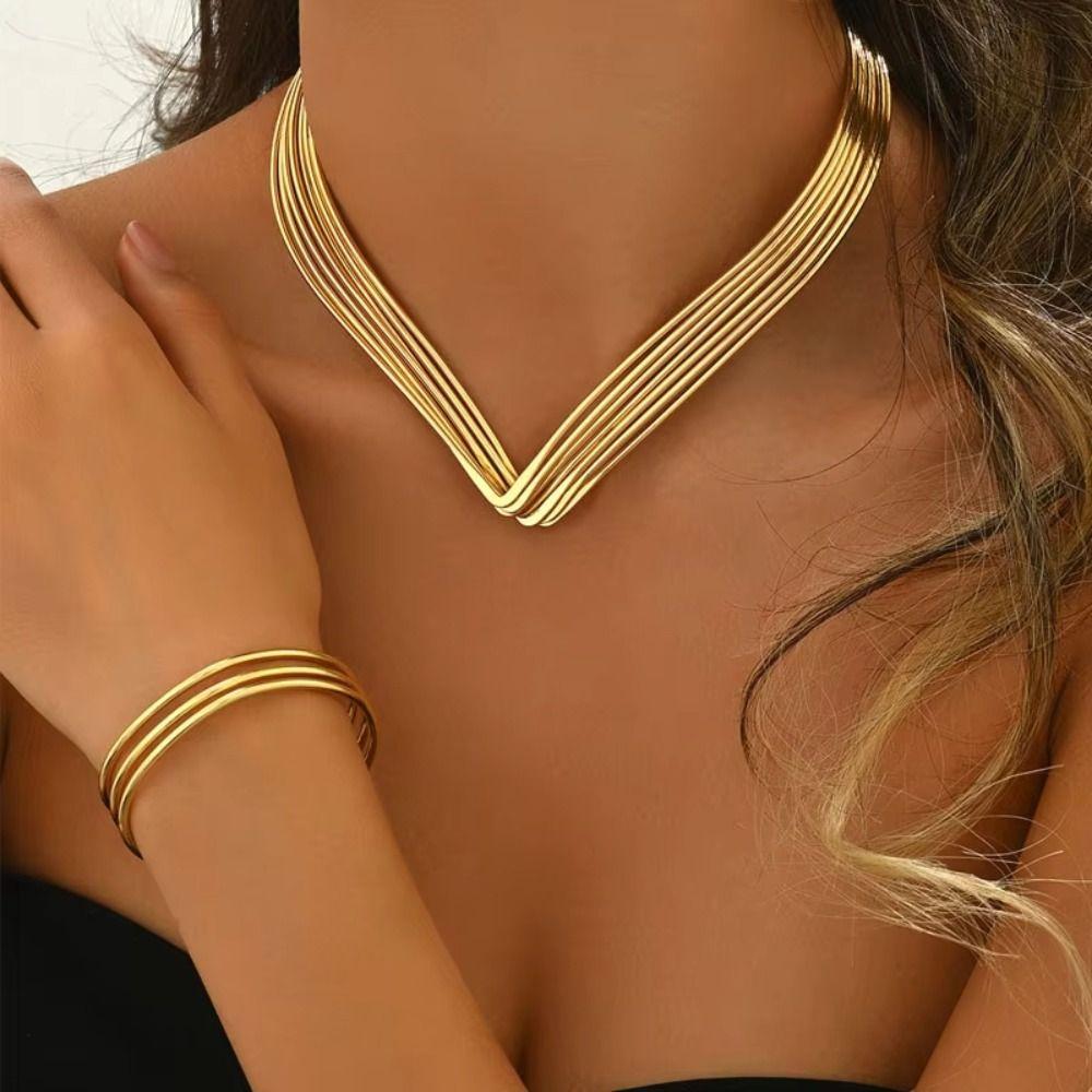 Multi-layer Hollowed-out Jewelry Set Geometric Women Jewelry Set Necklace Bracelet Set  Wedding