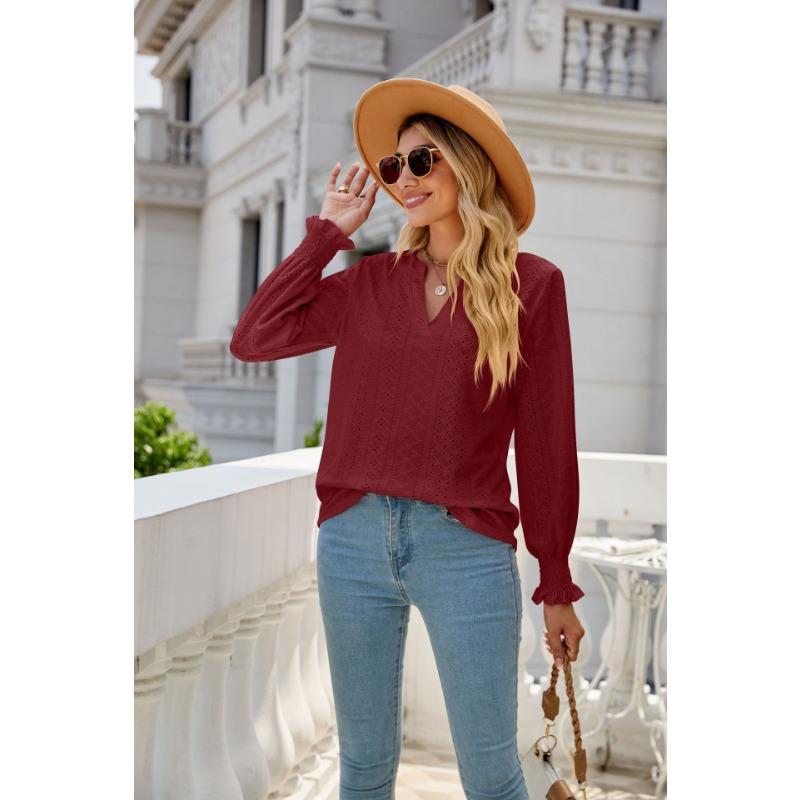 Autumn new style hollow pleated ruffled sleeve V-neck women's casual shirt, fashionable pink elegant women's long-sleeved top